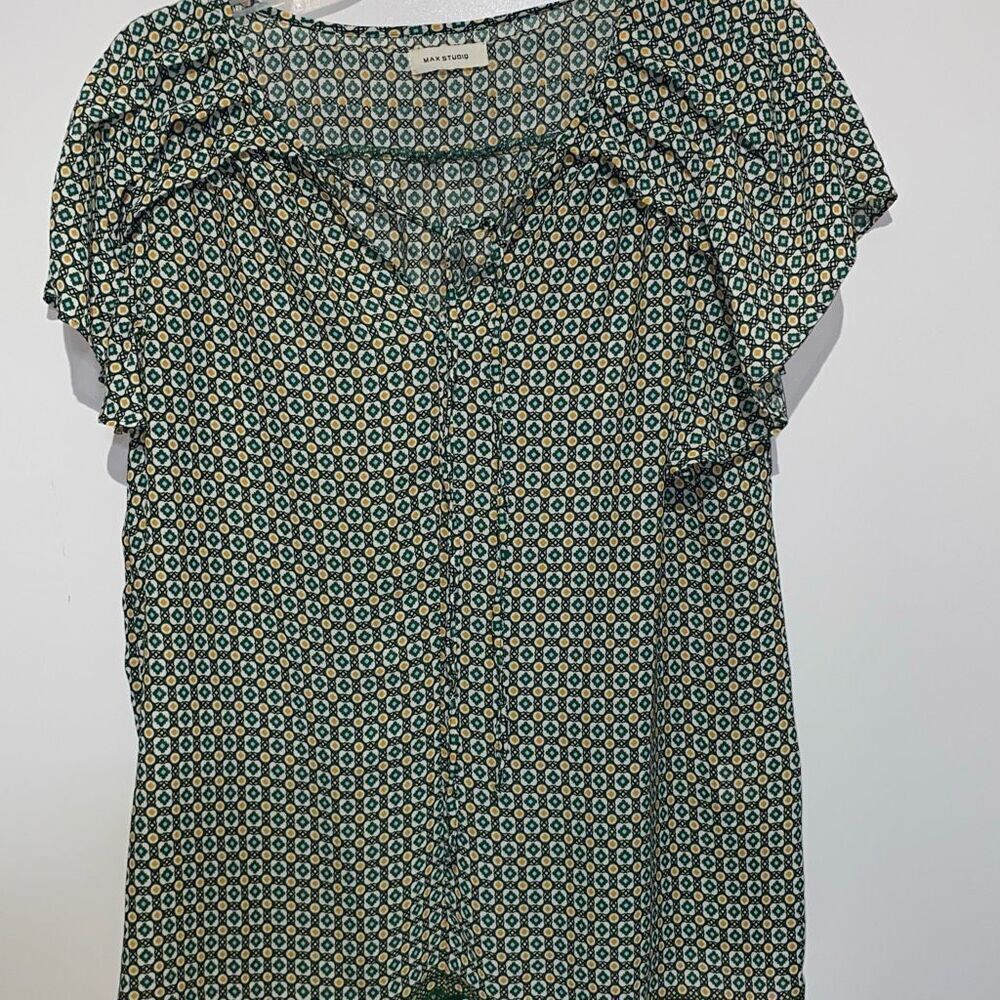Max Studio Women's Green Yellow Geometric Chiffon Tie Neck Blouse Top Size Large